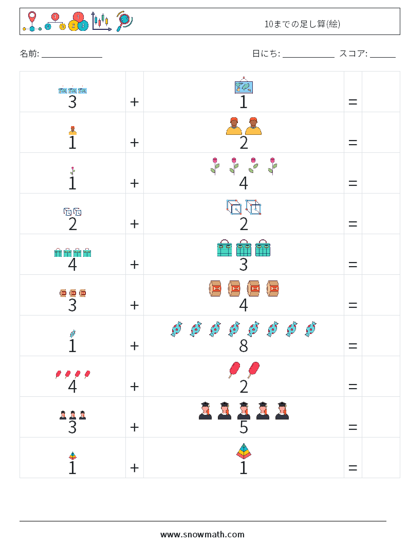 10までの足し算(絵) 数学ワークシート 3