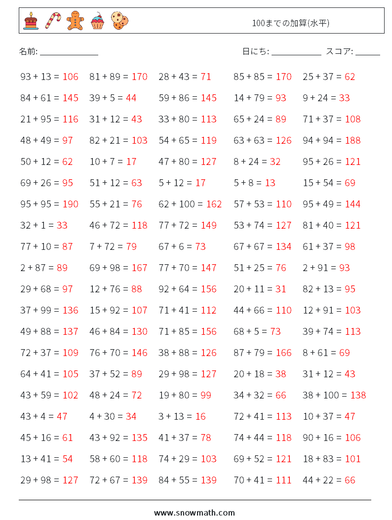 (100) 100までの加算(水平) 数学ワークシート 9 質問、回答