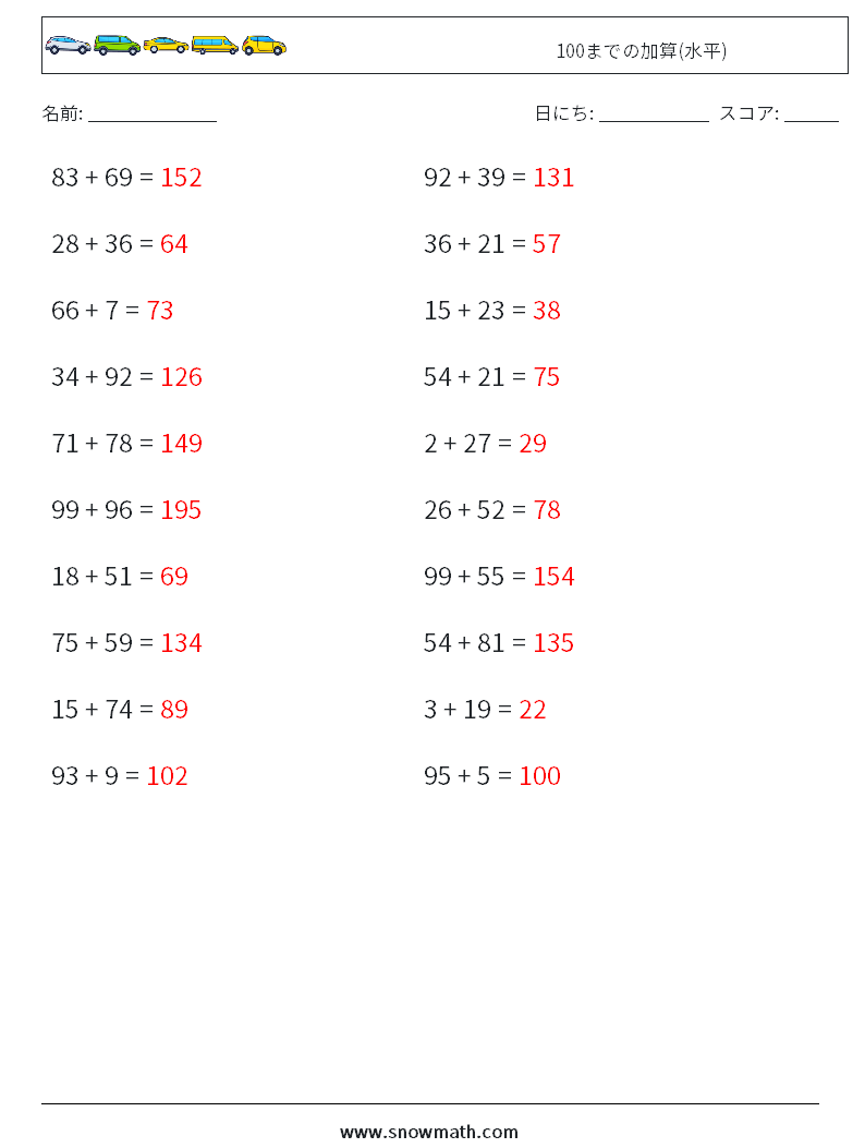 (20) 100までの加算(水平) 数学ワークシート 7 質問、回答