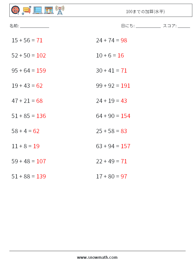 (20) 100までの加算(水平) 数学ワークシート 8 質問、回答