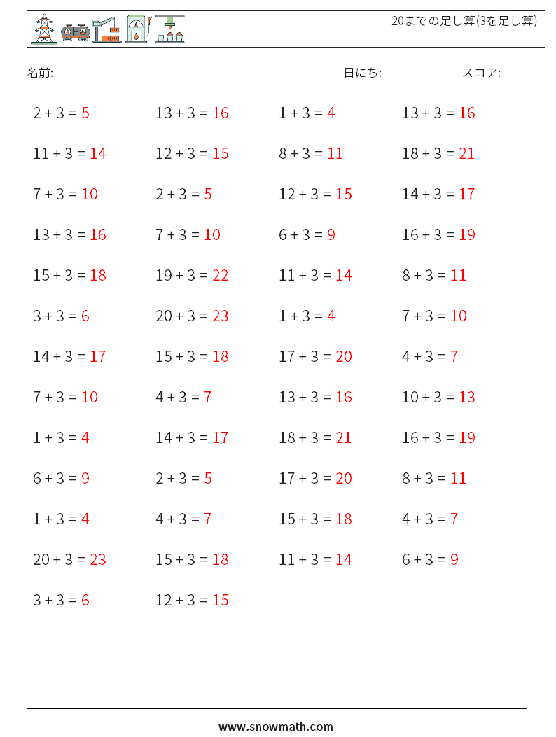 (50) 20までの足し算(3を足し算) 数学ワークシート 9 質問、回答