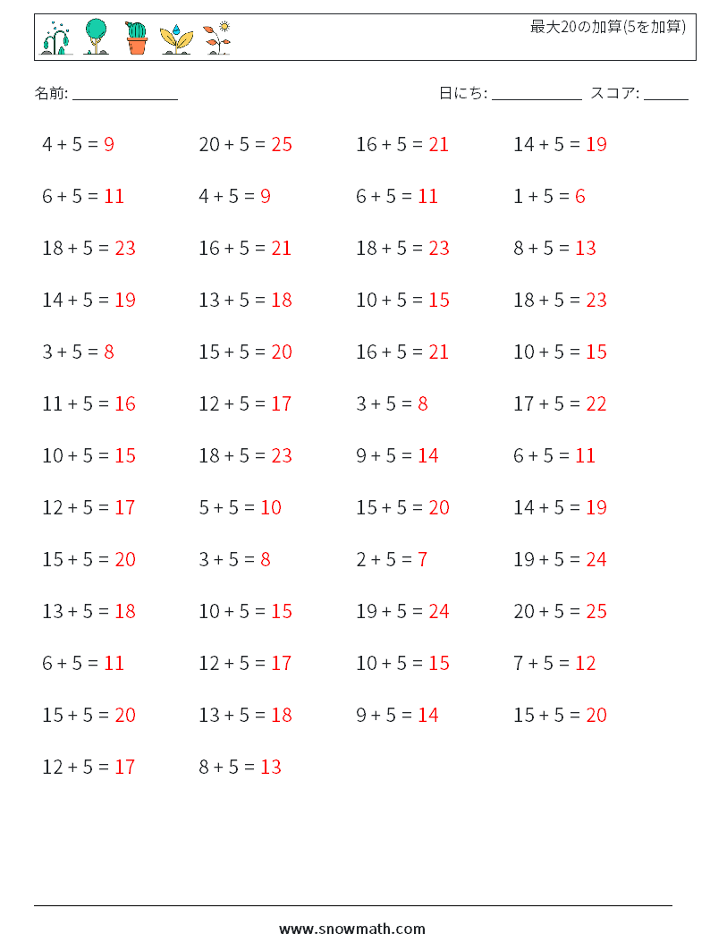 (50) 最大20の加算(5を加算) 数学ワークシート 1 質問、回答