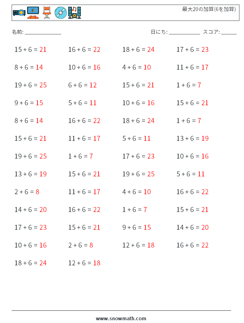(50) 最大20の加算(6を加算) 数学ワークシート 2 質問、回答
