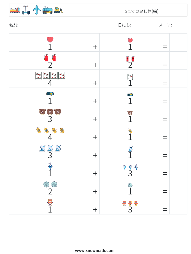 5までの足し算(絵) 数学ワークシート 1