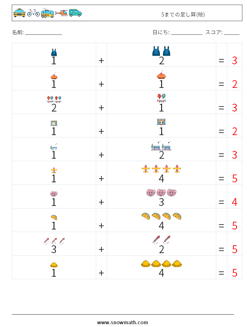 5までの足し算(絵) 数学ワークシート 2 質問、回答