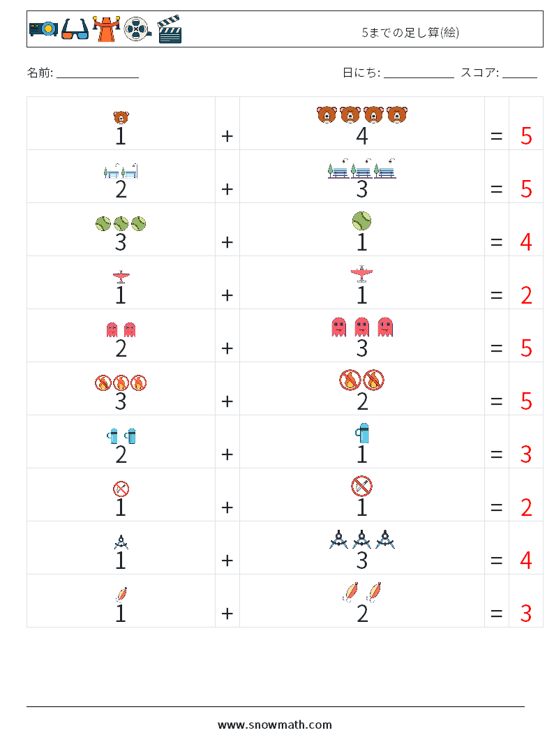 5までの足し算(絵) 数学ワークシート 3 質問、回答