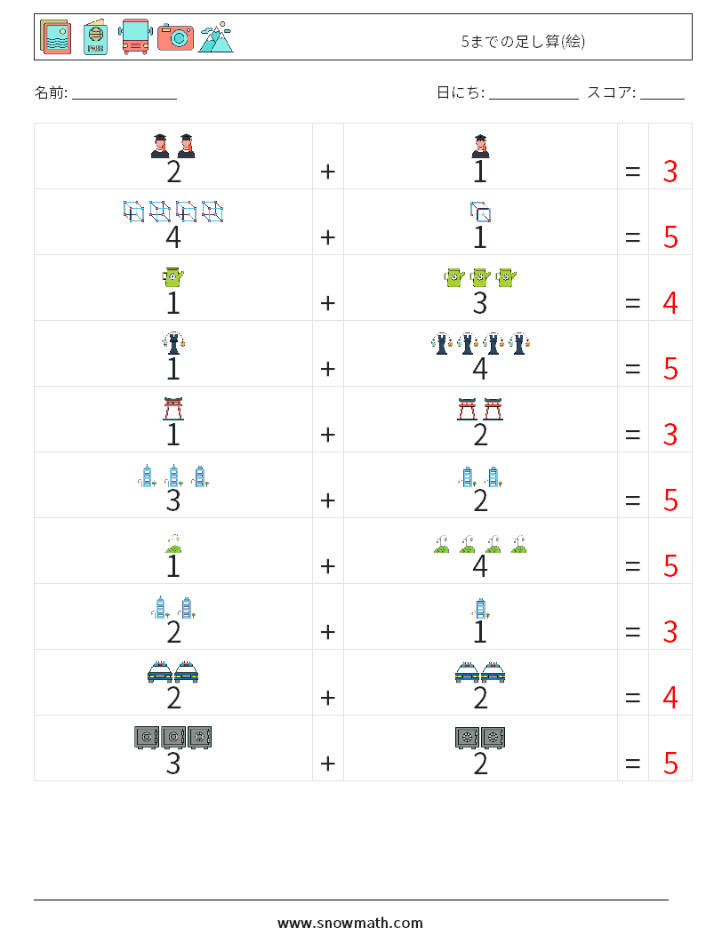 5までの足し算(絵) 数学ワークシート 6 質問、回答