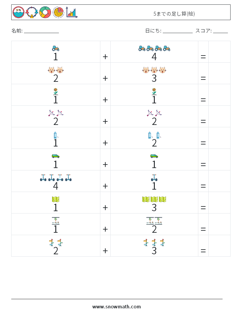 5までの足し算(絵) 数学ワークシート 8