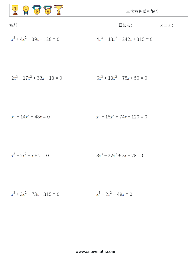 三次方程式を解く 数学ワークシート 8