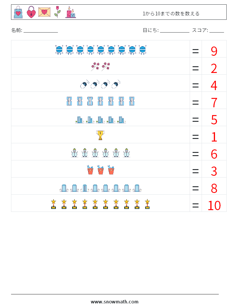 1から10までの数を数える 数学ワークシート 1 質問、回答