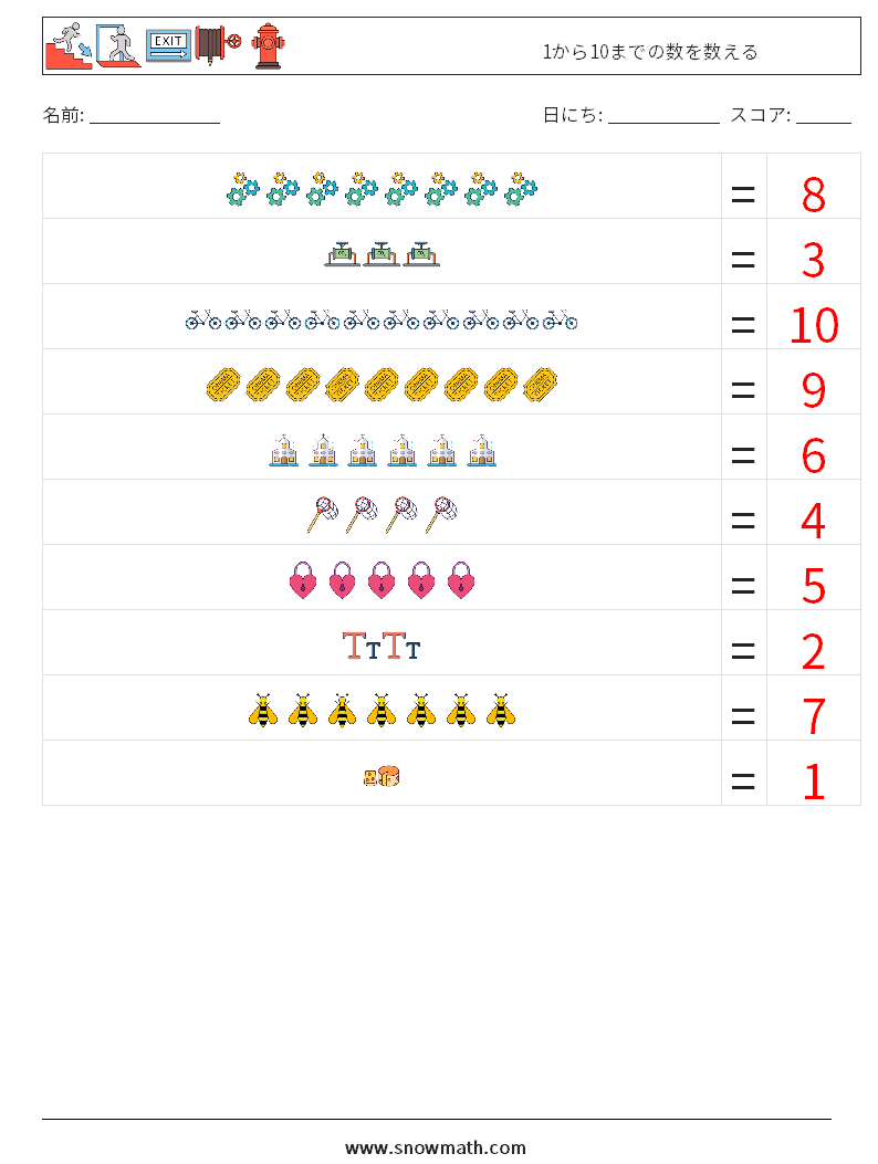 1から10までの数を数える 数学ワークシート 2 質問、回答