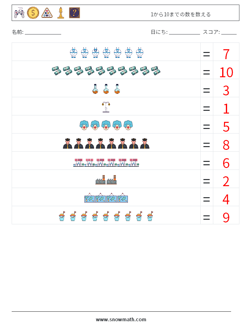 1から10までの数を数える 数学ワークシート 5 質問、回答