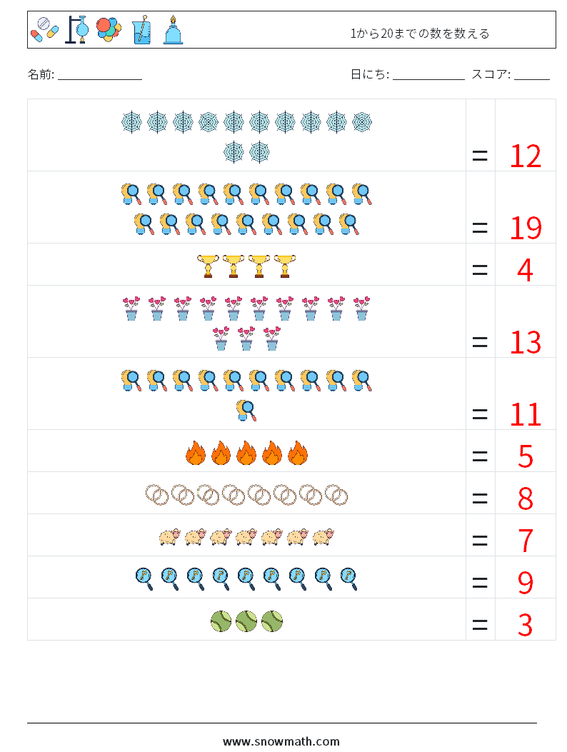 1から20までの数を数える 数学ワークシート 1 質問、回答