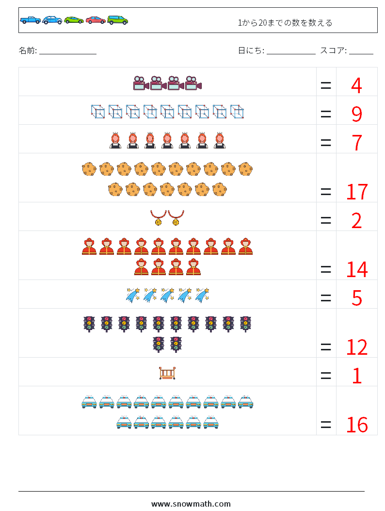 1から20までの数を数える 数学ワークシート 8 質問、回答