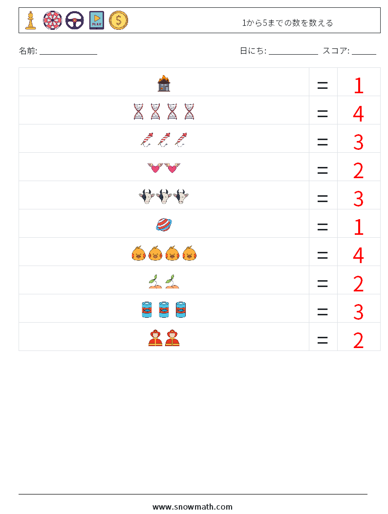 1から5までの数を数える 数学ワークシート 15 質問、回答