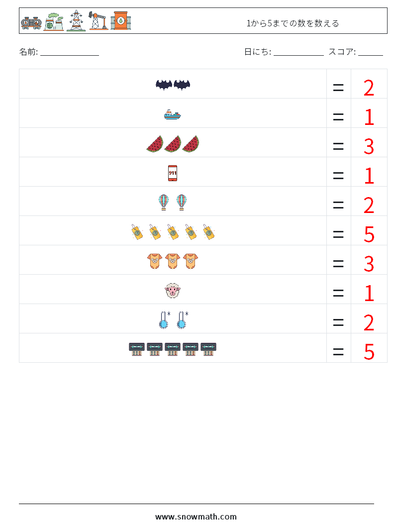 1から5までの数を数える 数学ワークシート 17 質問、回答
