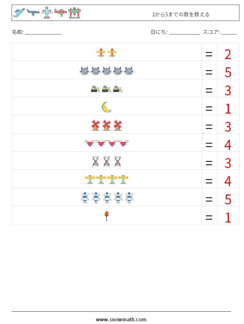 1から5までの数を数える 数学ワークシート 18 質問、回答