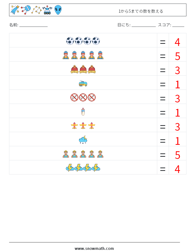 1から5までの数を数える 数学ワークシート 1 質問、回答