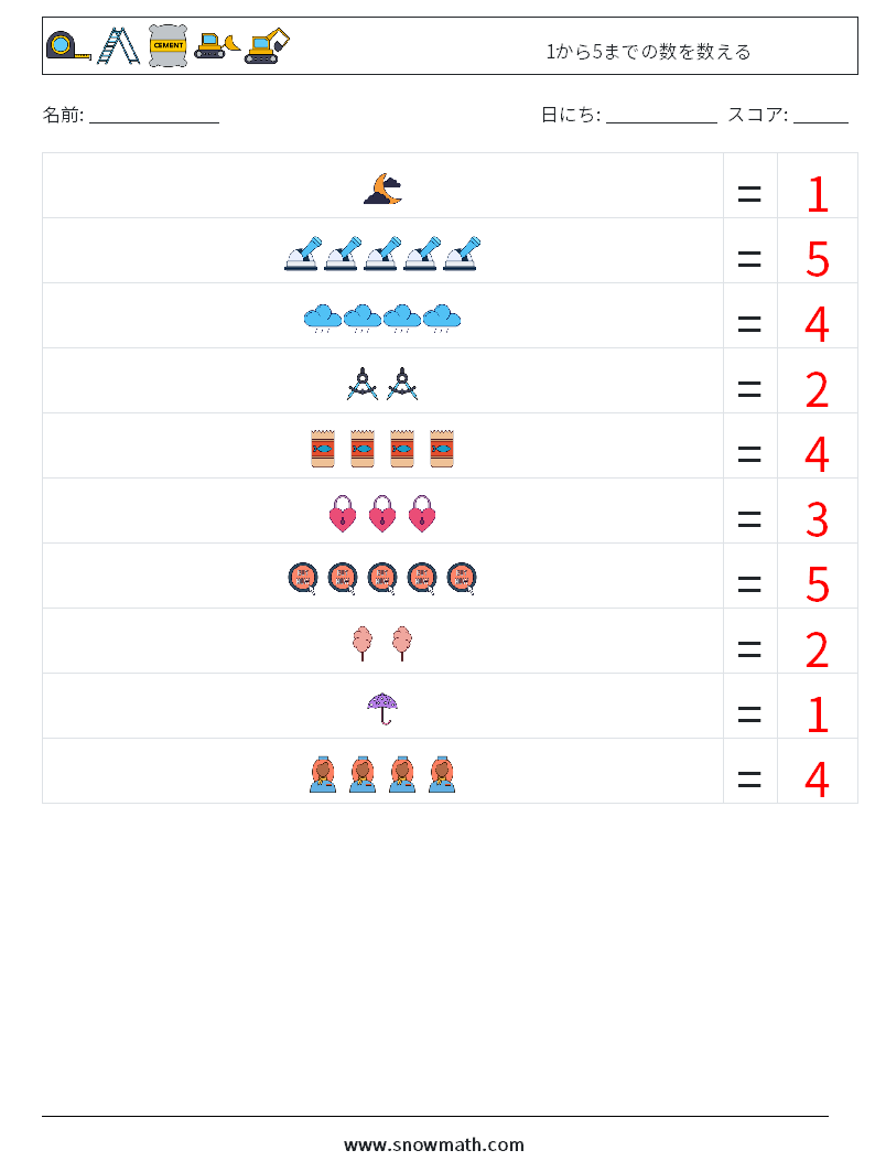 1から5までの数を数える 数学ワークシート 2 質問、回答