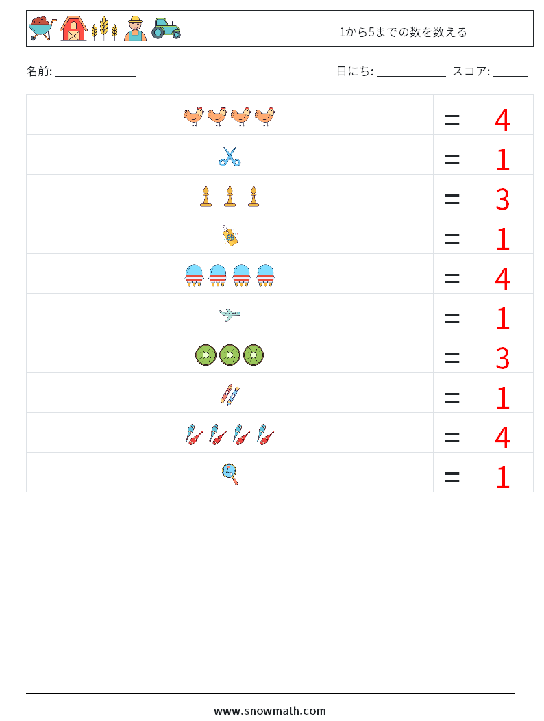 1から5までの数を数える 数学ワークシート 3 質問、回答