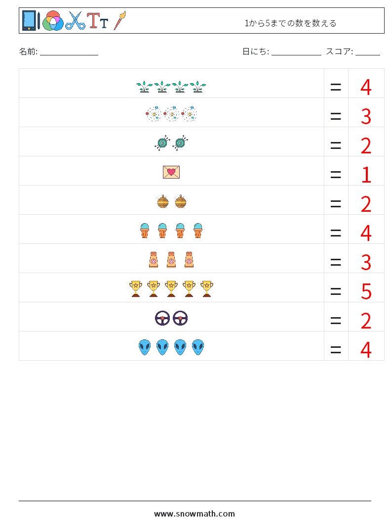 1から5までの数を数える 数学ワークシート 5 質問、回答