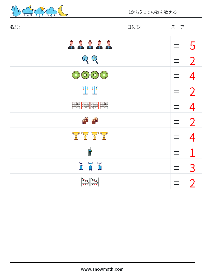 1から5までの数を数える 数学ワークシート 6 質問、回答