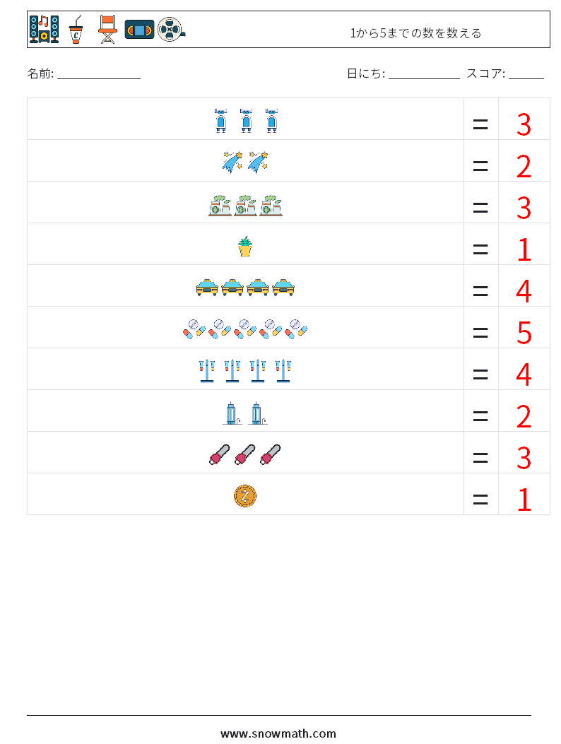 1から5までの数を数える 数学ワークシート 7 質問、回答