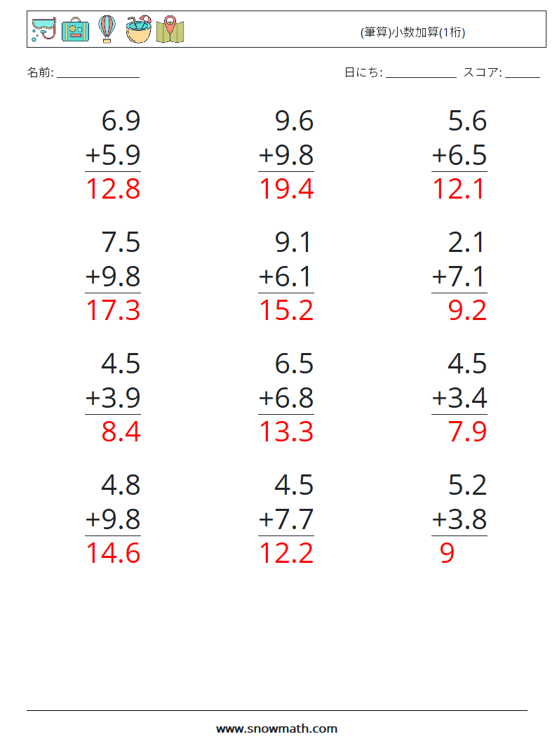 (12) (筆算)小数加算(1桁) 数学ワークシート 9 質問、回答
