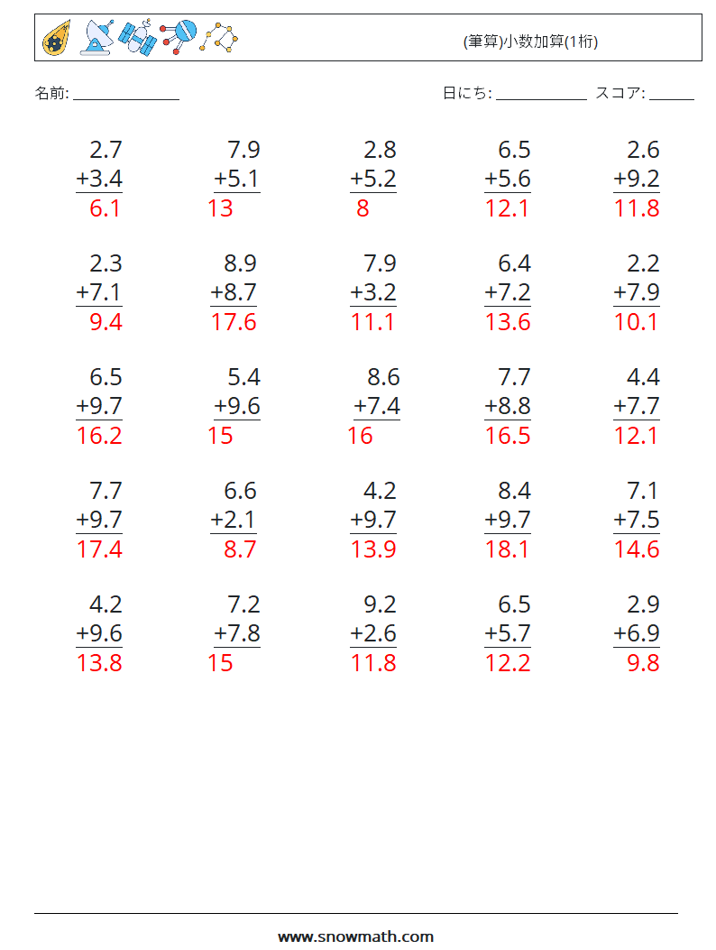 (25) (筆算)小数加算(1桁) 数学ワークシート 3 質問、回答