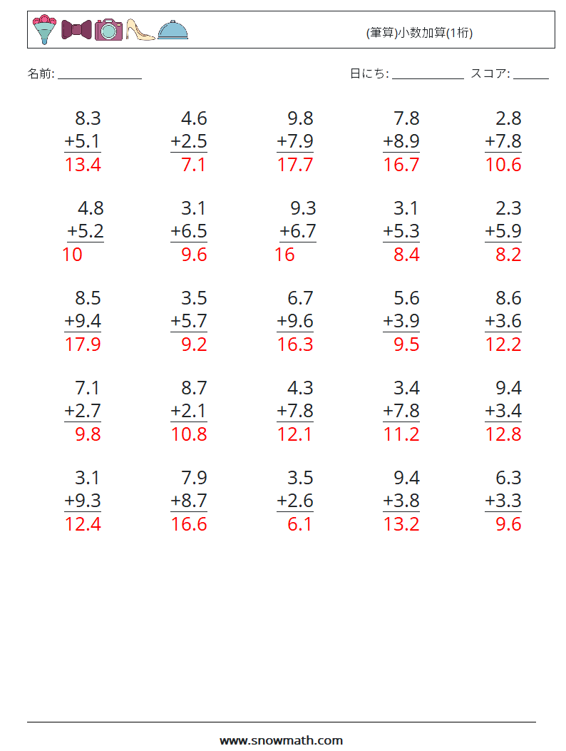(25) (筆算)小数加算(1桁) 数学ワークシート 6 質問、回答