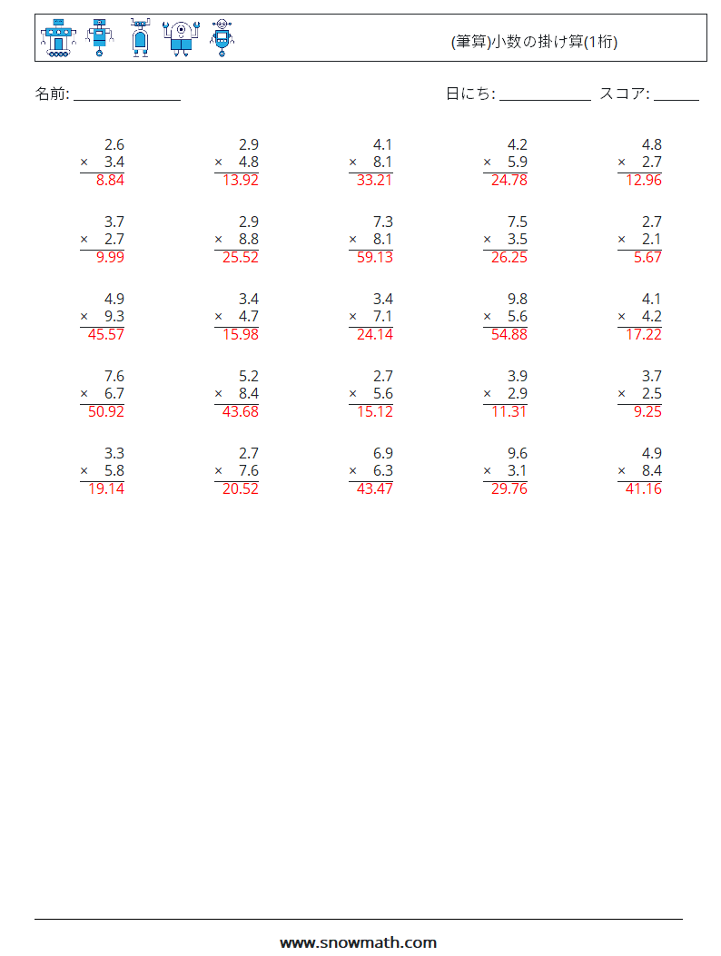 (25) (筆算)小数の掛け算(1桁) 数学ワークシート 4 質問、回答