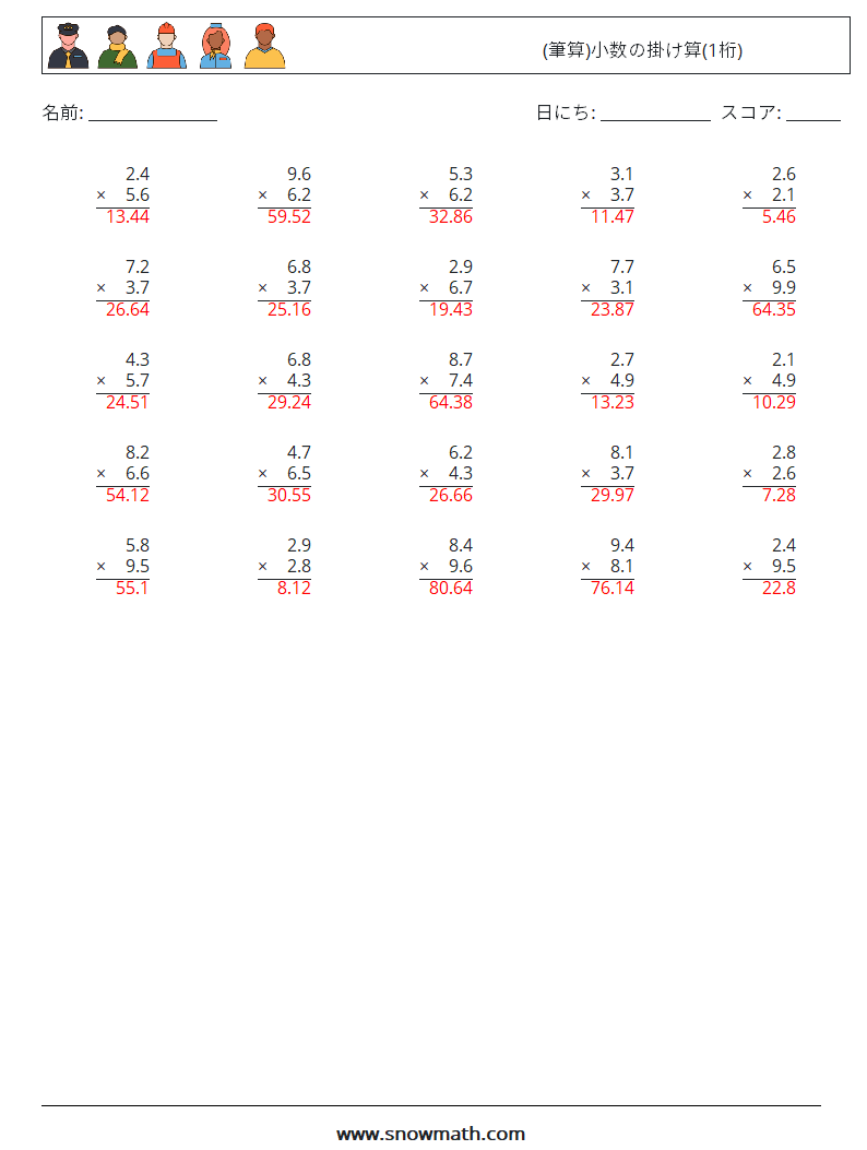 (25) (筆算)小数の掛け算(1桁) 数学ワークシート 6 質問、回答