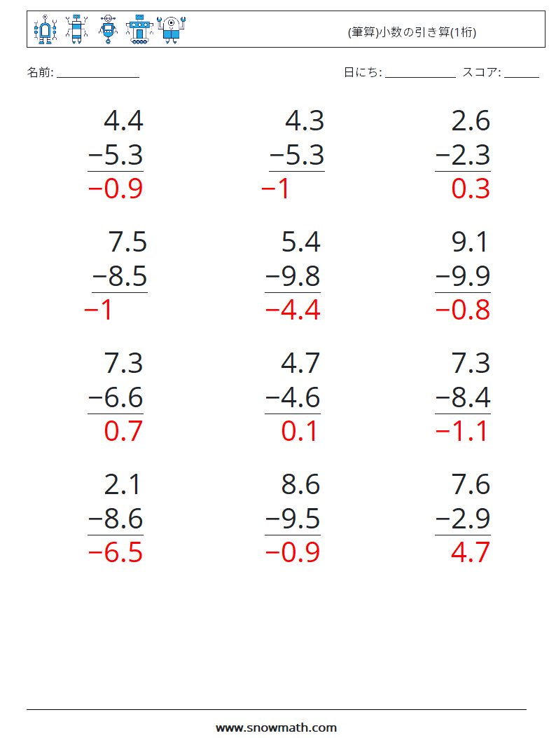 (12) (筆算)小数の引き算(1桁) 数学ワークシート 9 質問、回答