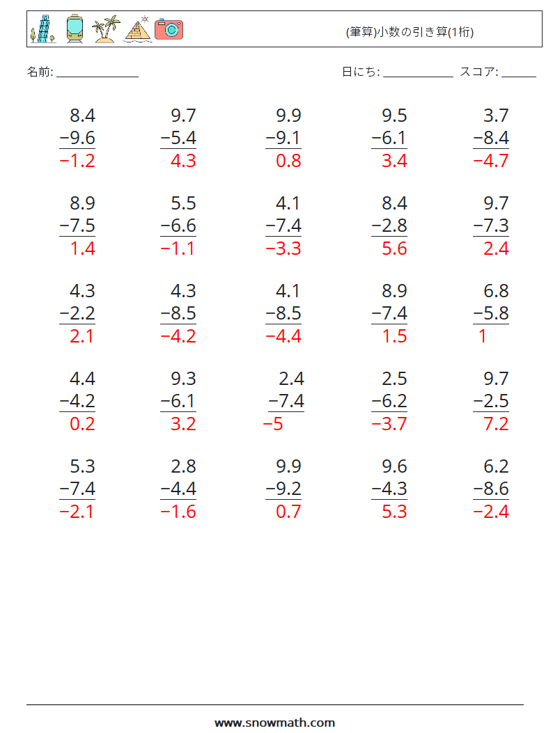(25) (筆算)小数の引き算(1桁) 数学ワークシート 14 質問、回答