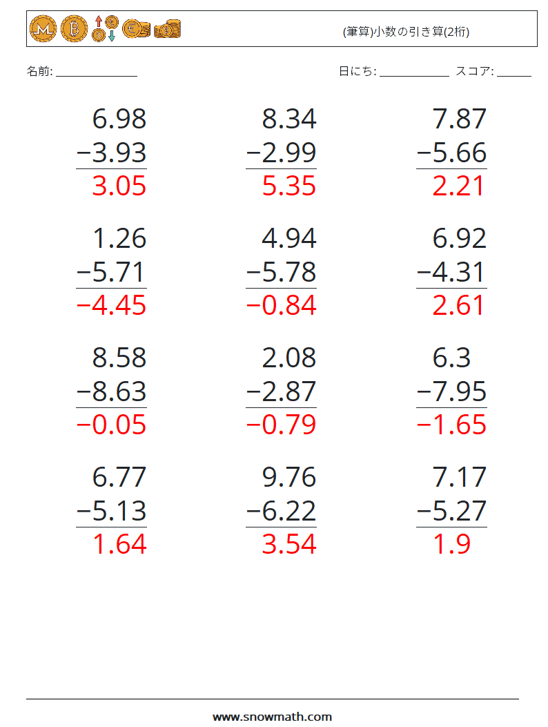 (12) (筆算)小数の引き算(2桁) 数学ワークシート 9 質問、回答