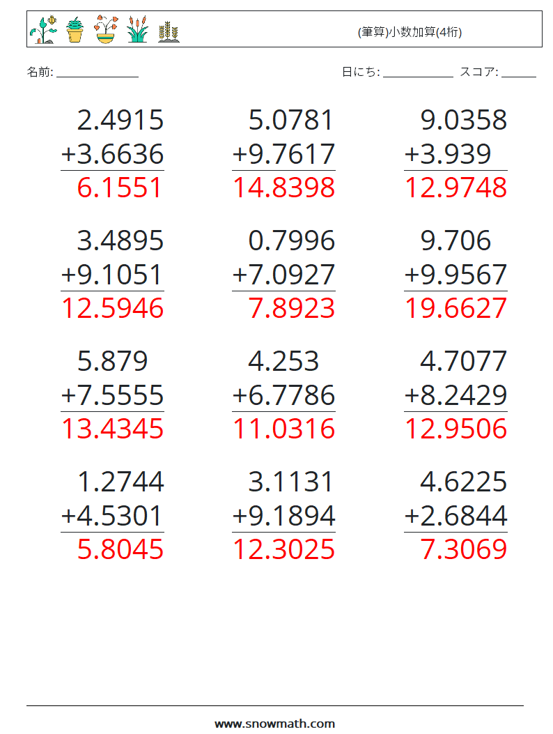 (12) (筆算)小数加算(4桁) 数学ワークシート 1 質問、回答