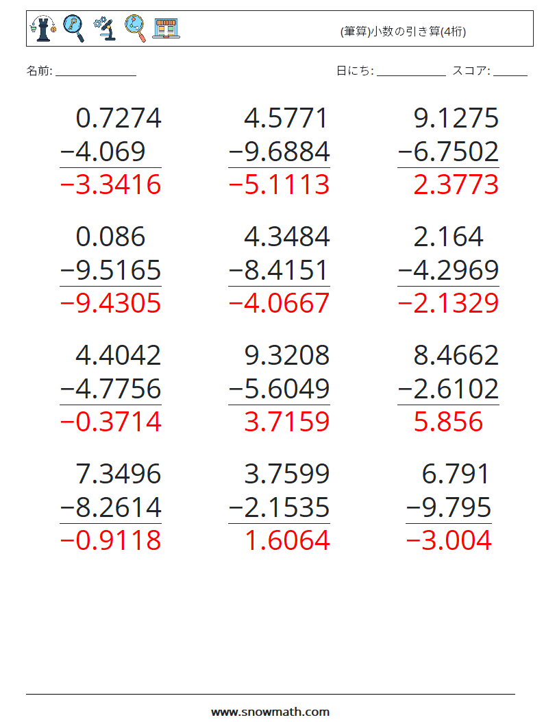 (12) (筆算)小数の引き算(4桁) 数学ワークシート 1 質問、回答