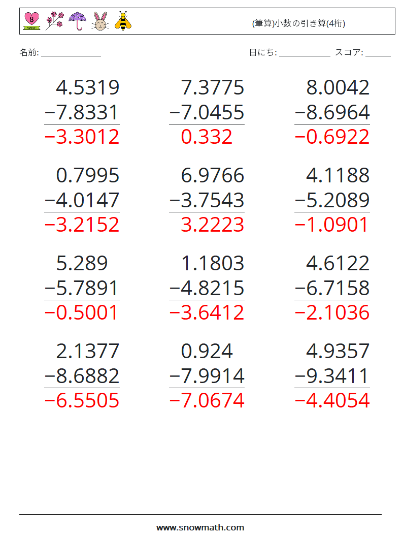 (12) (筆算)小数の引き算(4桁) 数学ワークシート 9 質問、回答