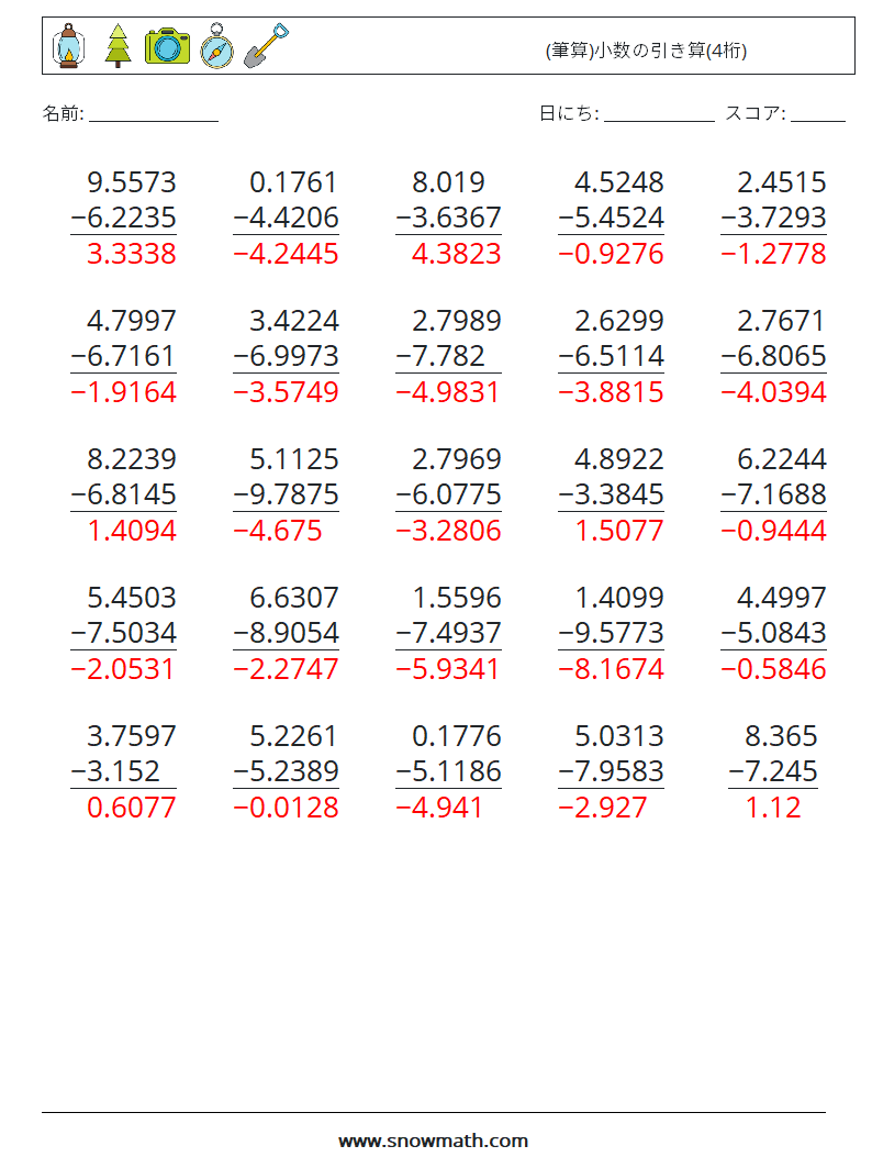 (25) (筆算)小数の引き算(4桁) 数学ワークシート 1 質問、回答