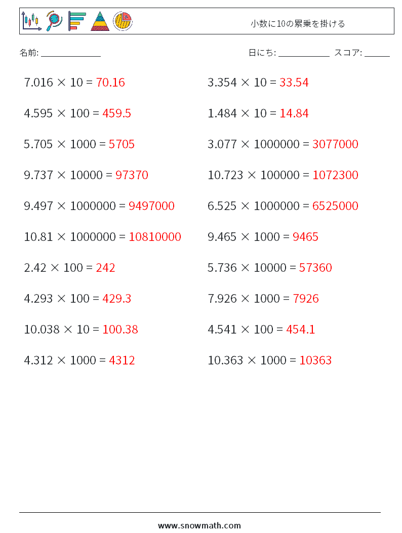 小数に10の累乗を掛ける 数学ワークシート 17 質問、回答