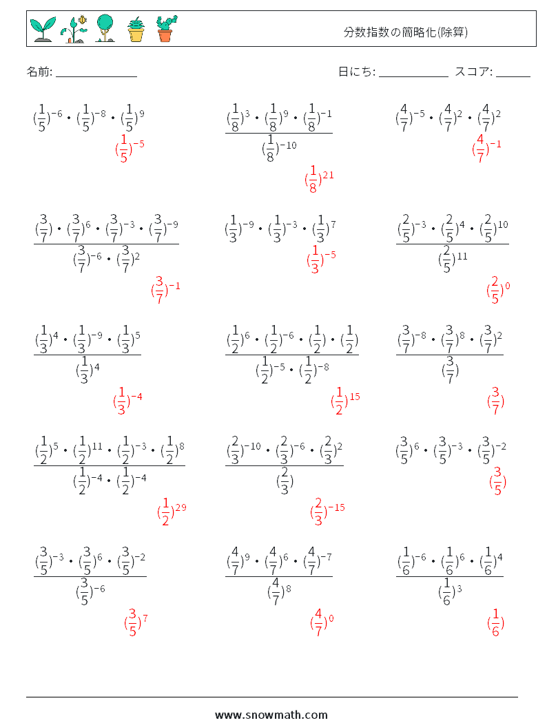 分数指数の簡略化(除算) 数学ワークシート 6 質問、回答