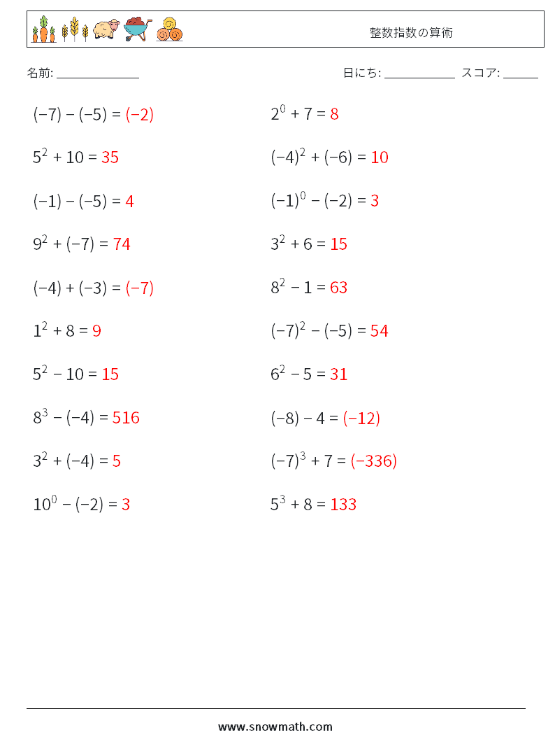 整数指数の算術 数学ワークシート 2 質問、回答