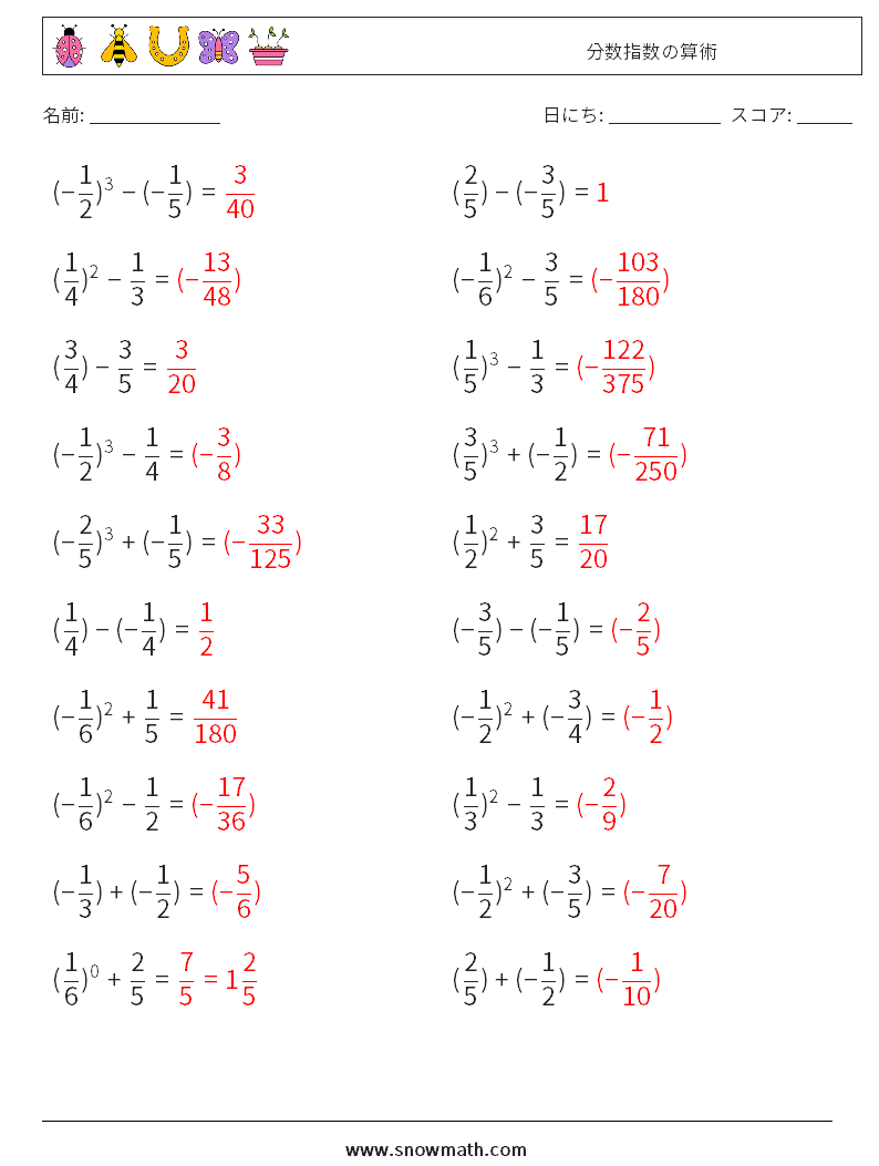 分数指数の算術 数学ワークシート 4 質問、回答