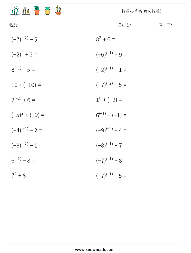  指数の算術(負の指数) 数学ワークシート 4
