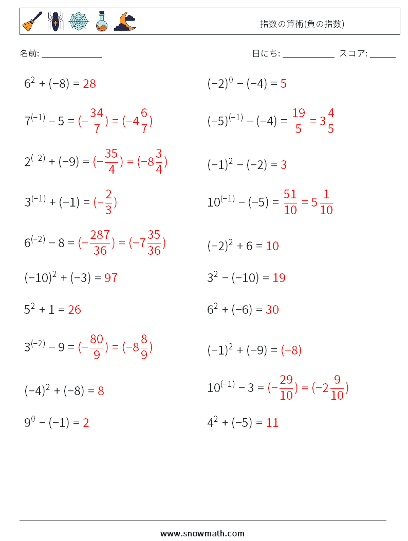  指数の算術(負の指数) 数学ワークシート 5 質問、回答