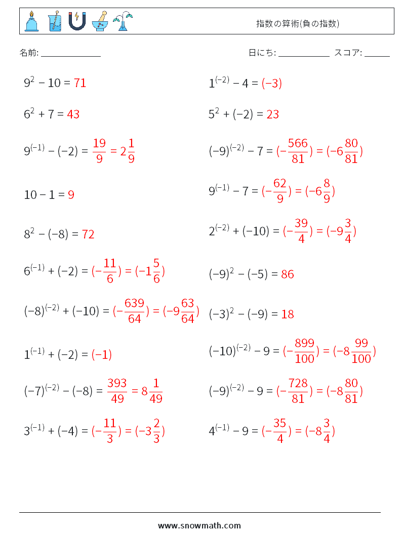  指数の算術(負の指数) 数学ワークシート 8 質問、回答