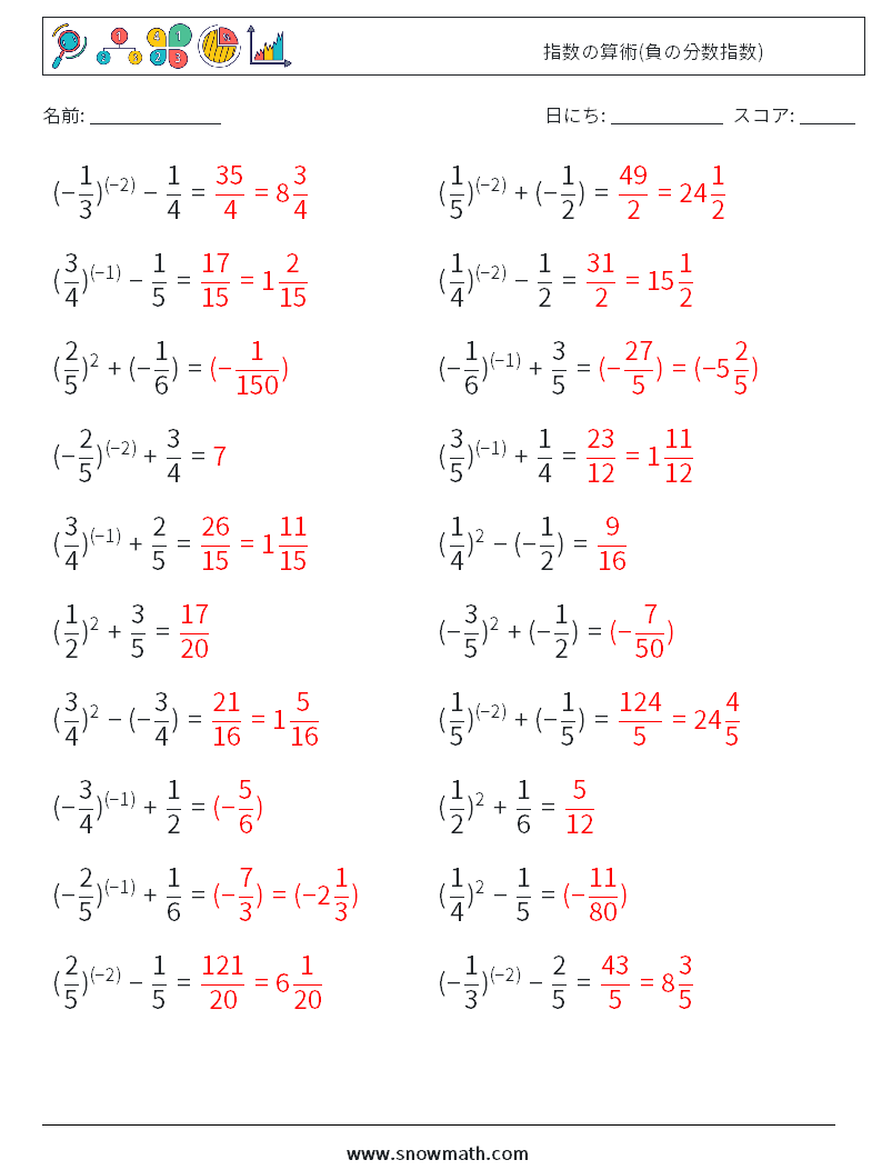  指数の算術(負の分数指数) 数学ワークシート 1 質問、回答