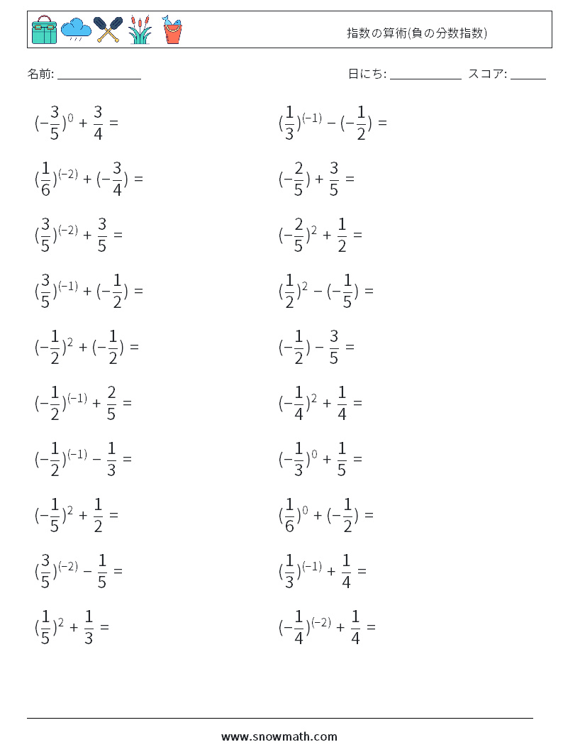  指数の算術(負の分数指数) 数学ワークシート 2