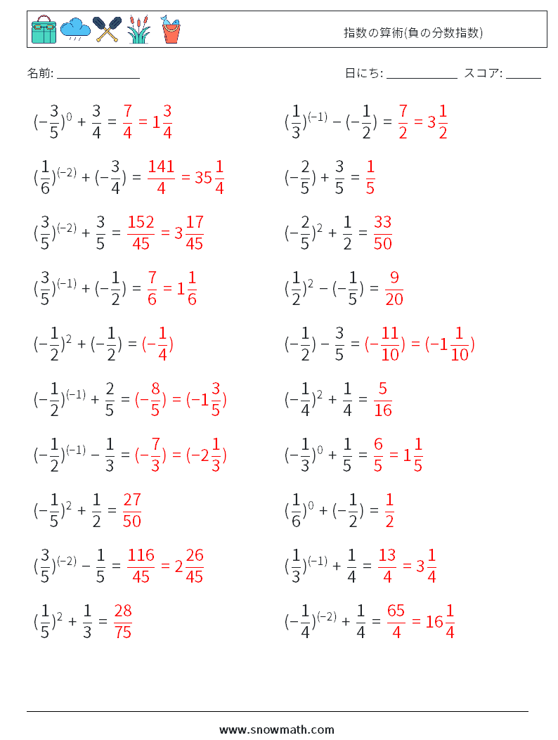  指数の算術(負の分数指数) 数学ワークシート 2 質問、回答