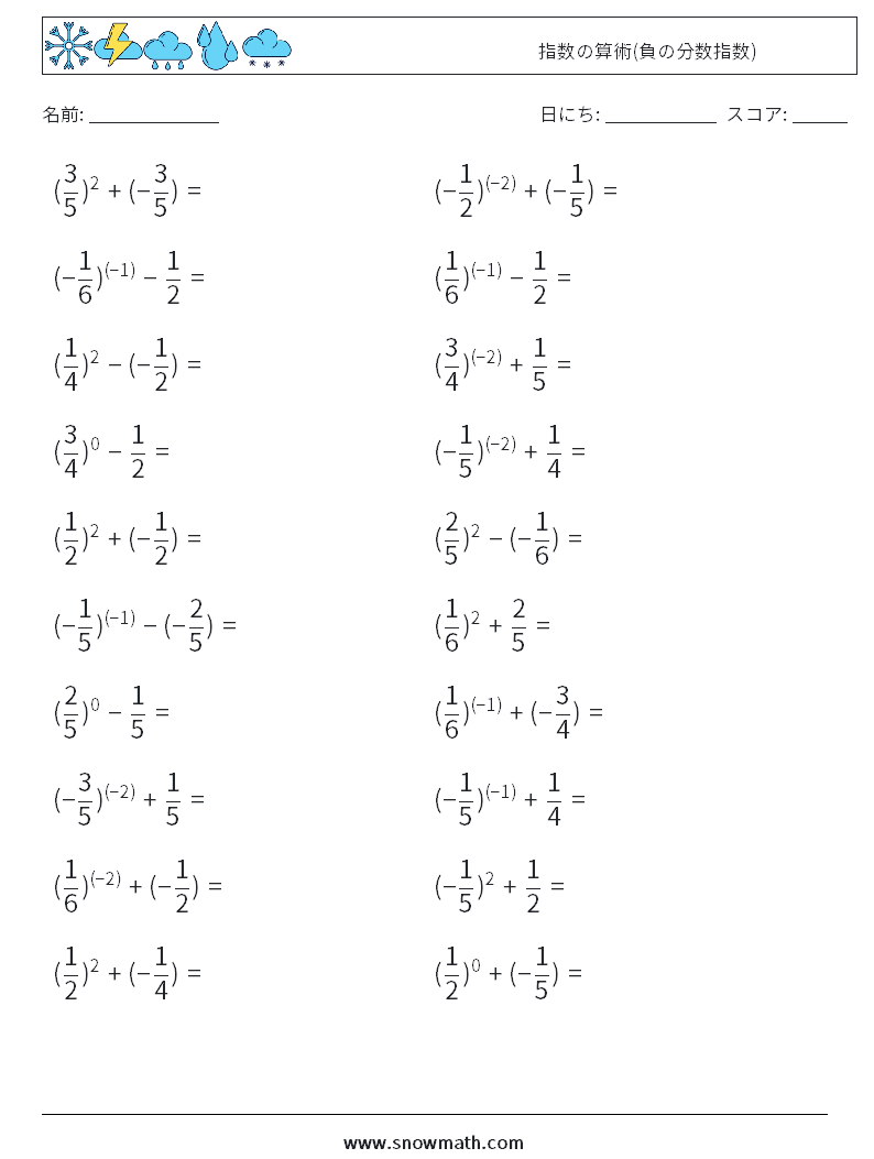  指数の算術(負の分数指数) 数学ワークシート 4